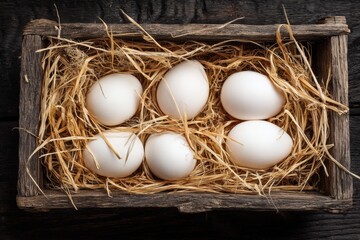 Poster - Fresh Raw Eggs Surrounded by Rice Straw Arranged in an Old Wooden Tray Captured From an Overhead Perspective Generative AI
