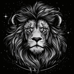 cosmic lion king: black & white stylized portrait with starry mane