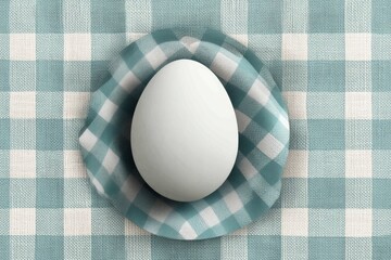 Poster - Simple White Egg Resting on Checkered Cloth Surface, Showcasing Minimalistic Design and Soft Textures in a Cozy Kitchen Setting Generative AI