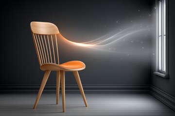 Poster - A blazing flame over an empty wooden chair with light beaming through window