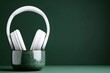 © Jane_S - White headphones on dark green background in ceramic pot