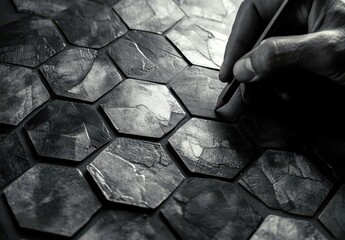 Poster - Hand Detailing Hexagonal Tile Pattern Monochrome Close Up