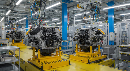 Poster - Engines on Yellow Conveyor Belts in a Bright Factory Interior Showing Modern Automotive Manufacturing Process