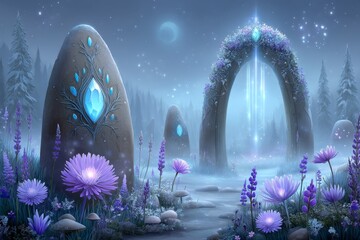 Poster - A fantasy landscape where elemental spirits restore balance to a damaged Earth using magical vines, light beams, and crystal energy