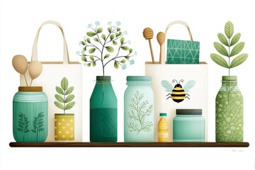 Poster - A flat 2D illustration of reusable grocery bags, glass jars, and beeswax wraps on a clean white background