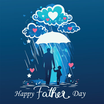 Father's Day greeting card design featuring a father and son sharing a poignant moment in the rain, with a dark, atmospheric background.