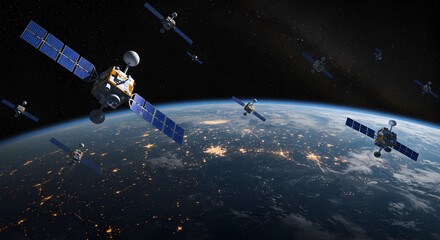 Poster - Network of Communication Satellites Orbiting Blue and White Planet Earth with Orange City Lights in Outer Space