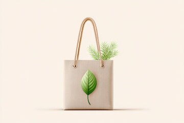 Wall Mural - A minimalist illustration of a single green leaf inside a reusable shopping bag with soft beige tones
