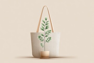 Wall Mural - A minimalist illustration of a single green leaf inside a reusable shopping bag with soft beige tones