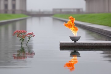 Poster - A single flame flickering over a still lake reflecting holy light