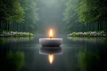Poster - A single flame flickering over a still lake reflecting holy light