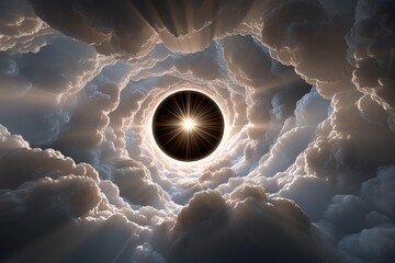 Poster - Flame descending through a spiral of light surrounded by clouds and sun rays