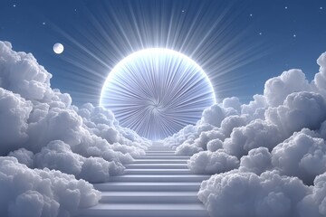 Poster - Flame descending through a spiral of light surrounded by clouds and sun rays