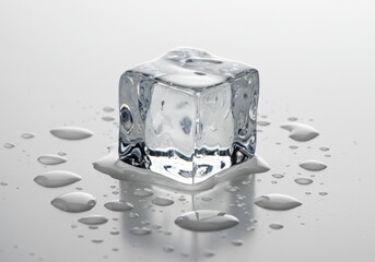 Poster - Single ice cube melting on a white surface with water droplets around it
