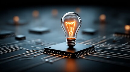 Leinwandbilder - Bright Idea: Light Bulb Shining on a Circuit Board Representing Innovation in Technology