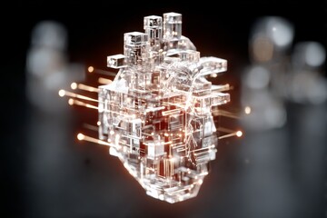 Leinwandbilder - Crystal Heart: A 3D Render of a Glass Heart Sculpture Illuminated by Fiber Optics on a Dark Background