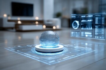 Fototapete - Futuristic Home Interface: A luminous glass sphere interacts with data visualizations in a sleek, modern living space.