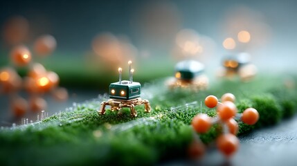 Aufkleber - Miniature Tech: A Close-Up on a Retro-Styled Robot Exploring a Lush Micro-Landscape with Glowing Orbs