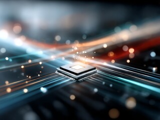 Fototapete - Microchip Illuminates with Data Flow: A Glimpse into the World of Computer Technology and Innovation 