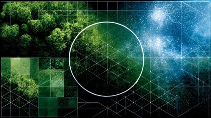 Fototapete - Nature's Blueprint: A Geometrical Abstraction of Greenery and Celestial Splendor Intertwined with Circular Harmony