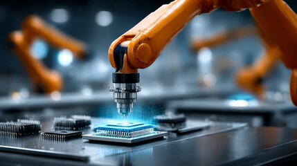 Poster - Robotic Arm Precisely Assembling a High-Tech Microchip on a Production Line with Advanced Manufacturing Automation
