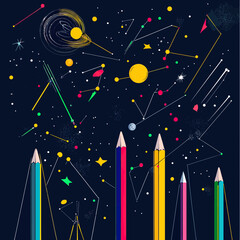 Poster - Abstract cosmic starry sky with colorful pencil shapes forming constellation lines and planets in dark space background vector illustration