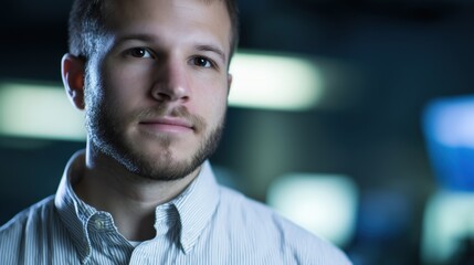 Casual IT specialist with abstract tech background, symbolizing innovation in modern workspaces