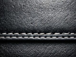 Poster - Black Leather Texture with White Stitching: Macro View of Durable Material and Meticulous Seam Detail