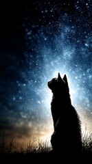Poster - Mystical Cat Silhouette Gazing at a Celestial Display of Stars and Bokeh Lights in a Night Sky Landscape