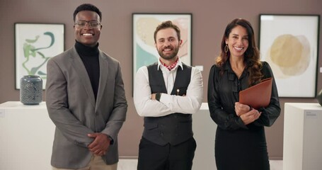 Aufkleber - Business, group and colleagues in office, smile and art director with file for project, face and gallery. Museum, happy and people with collaboration for exhibition, curator and ambitious in Canada