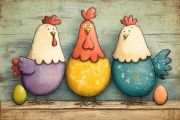 Poster - Whimsical Cartoon Hens Showcasing Colorful Eggs Against a Rustic Wooden Backdrop With Charming Details of Farm Life Generative AI