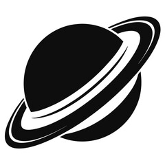 a simple, black planet with thick rings encircles it against a white background