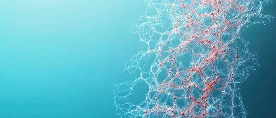 Poster - Abstract linked points on blue backdrop. Complex interconnected structure. Glowing nodes and lines representing neural networks with copy space.