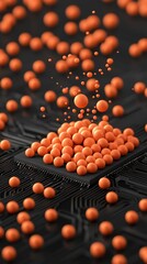  - Orange spheres gather on a dark circuit board. Small dots float above connected neural networks. A modern depiction of computing power.