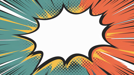 Poster - Abstract comic book style design, teal, orange and yellow colors, radiating lines, central blank space, ideal for text or logo placement, dynamic and energetic