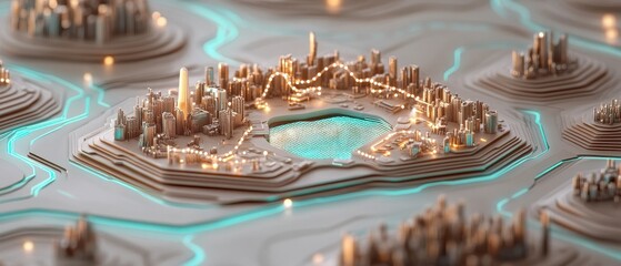 Poster - Complex Networks Artificial Landscape with Data Flow, Connected Structures and Neural Networks. Futuristic City with Glowing Details and Geometric Design