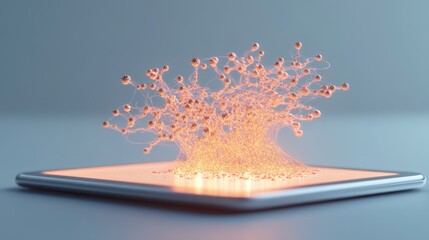 Poster - Glowing Neural Networks Emerge from Silver Device. Spheres and Connections form an Abstract Pattern. Artificial Intelligence display on a mobile platform