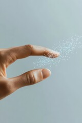 Poster - Hand touches digital sparkles. Artificial network connection. Light dots float from a finger. Neural networks abstract concept on plain background