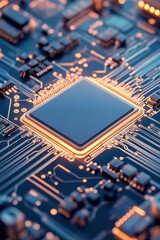 Poster - Close up of computer chip showing electronic components and glowing connections. Electronic system representing neural networks concept.
