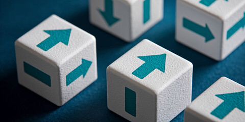 Poster - Close-up of white cubes with teal arrows, showing upward and downward directions, symbolizing choices, progress, or decision-making