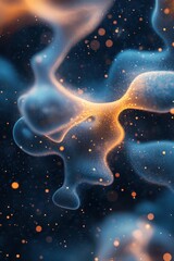 Poster - Abstract light blue shapes with golden highlights on dark background. Glowing points flowing through network. Neural networks concept.