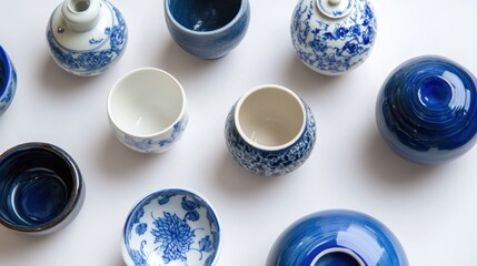 Fototapete - White surface with symmetrical blue and white ceramics framing the space
