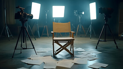 director’s chair on a film set, surrounded by script pages scattered on the ground, light stands and