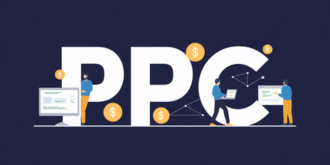 Poster - Illustration of PPC concept with people working around large letters, showing data analysis, marketing and financial aspects, symbolizing online advertising and digital business strategy