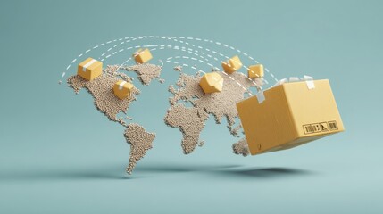 Poster - Conceptual illustration of global shipping with packages flying over a stylized world map.