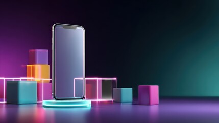 Poster - Modern smartphone displayed among colorful geometric shapes, creating a vibrant and tech-inspired visual scene.