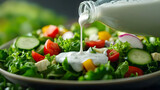 Ranch dressing drizzling from a bottle onto a fresh salad vibrant greens with crisp veggies and smooth white sauce motion captured mid-pour