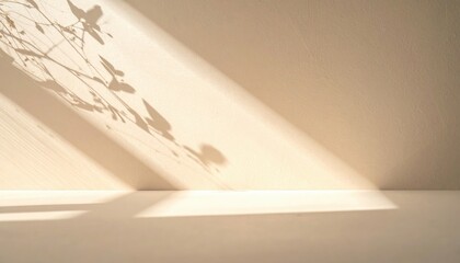 Poster - Soft light casting natural shadows of leaves on minimalist wall indoor space photography tranquil atmosphere close-up nature aesthetic