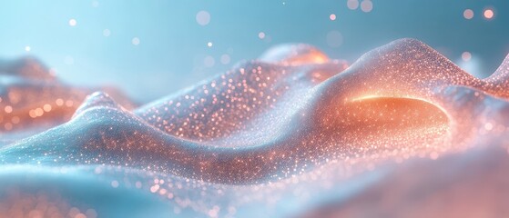 Poster - Abstract soft shapes surface with many small shiny orange lights against a light blue haze background. Texture close up with bright sparkle.