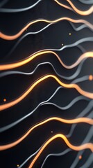Poster - Abstract black surface with curved silver and orange glowing lines. Shiny light trails flow across a textured dark background. Small light sparks hover.